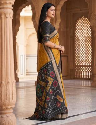 Mustard color pochampally silk blend ikkat design zari border sarees 4