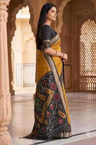 Mustard color pochampally silk blend ikkat design zari border sarees