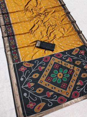Mustard color pochampally silk blend ikkat design zari border sarees 5
