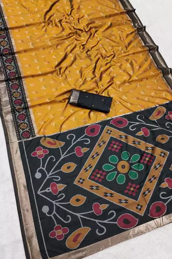 Mustard color pochampally silk blend ikkat design zari border sarees