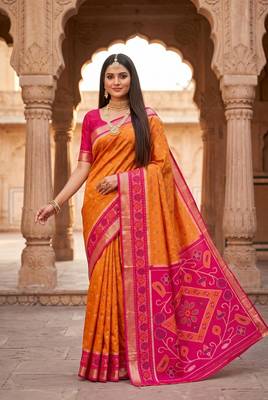 Orange color pochampally silk blend ikkat design zari border sarees 1