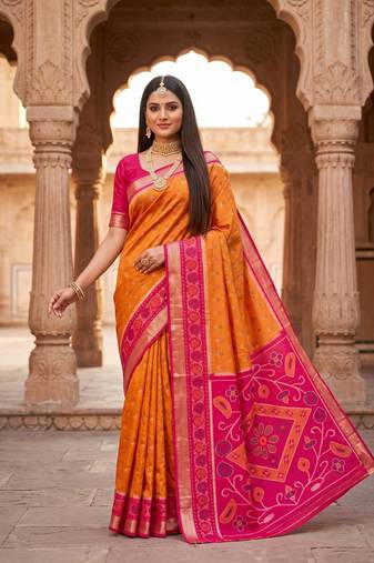 Orange color pochampally silk blend ikkat design zari border sarees