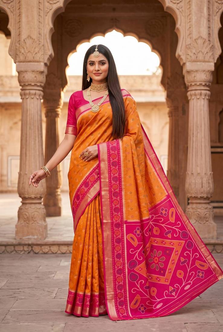 Orange color pochampally silk blend ikkat design zari border sarees