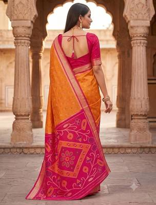 Orange color pochampally silk blend ikkat design zari border sarees 2
