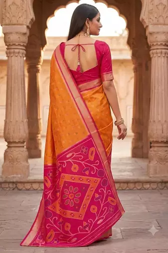 Orange color pochampally silk blend ikkat design zari border sarees