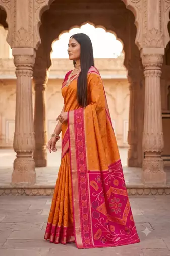 Orange color pochampally silk blend ikkat design zari border sarees