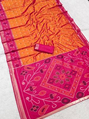Orange color pochampally silk blend ikkat design zari border sarees 4