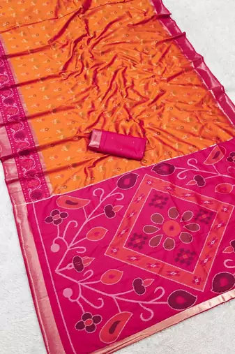 Orange color pochampally silk blend ikkat design zari border sarees