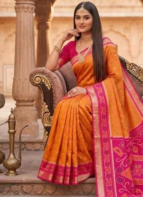 Orange color pochampally silk blend ikkat design zari border sarees 5