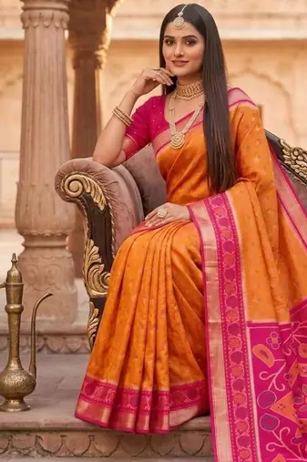 Orange color pochampally silk blend ikkat design zari border sarees