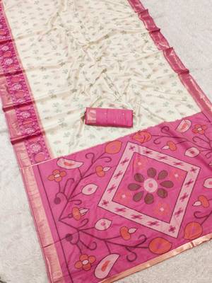 White color pochampally silk blend ikkat design zari border sarees 2