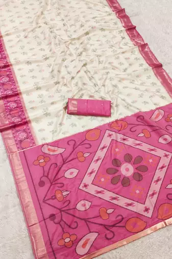 White color pochampally silk blend ikkat design zari border sarees