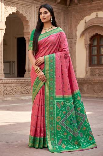 Pink color pochampally silk blend ikkat design zari border sarees