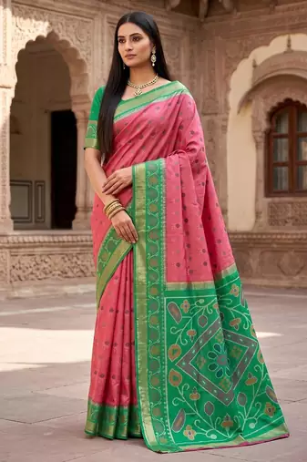 Pink color pochampally silk blend ikkat design zari border sarees