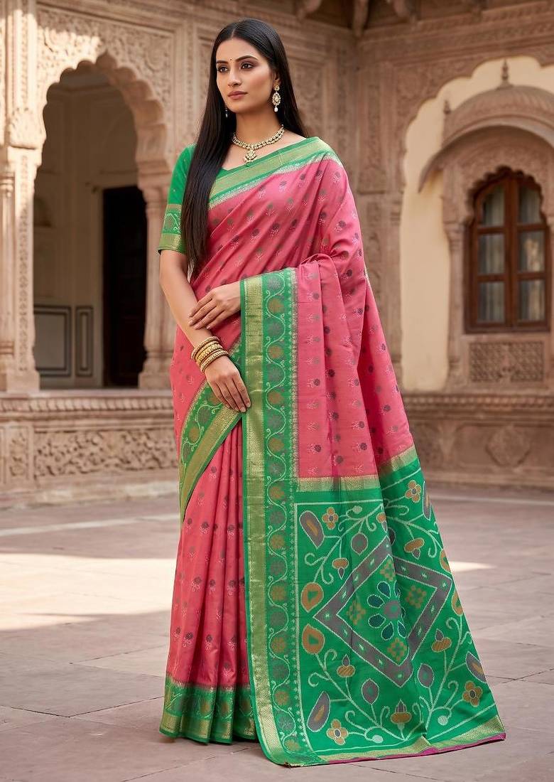 Pink color pochampally silk blend ikkat design zari border sarees