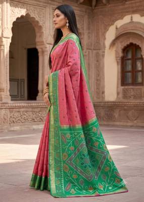 Pink color pochampally silk blend ikkat design zari border sarees 2