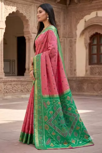 Pink color pochampally silk blend ikkat design zari border sarees