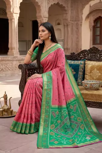 Pink color pochampally silk blend ikkat design zari border sarees