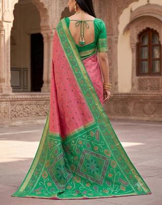 Pink color pochampally silk blend ikkat design zari border sarees 4