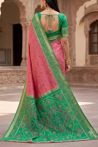 Pink color pochampally silk blend ikkat design zari border sarees