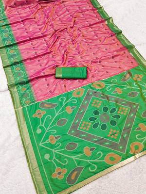 Pink color pochampally silk blend ikkat design zari border sarees 5