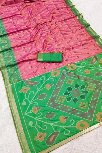 Pink color pochampally silk blend ikkat design zari border sarees