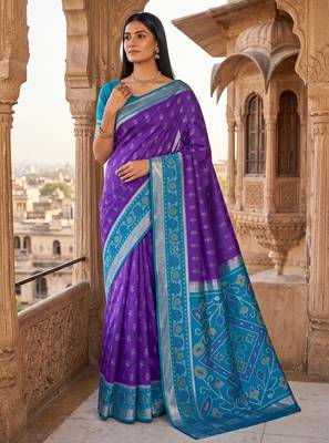 Purple blue color pochampally silk blend ikkat design zari border sarees 1