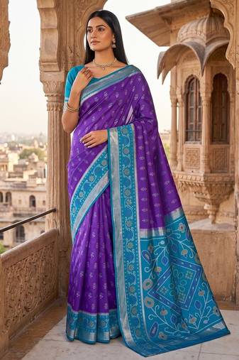 Purple blue color pochampally silk blend ikkat design zari border sarees
