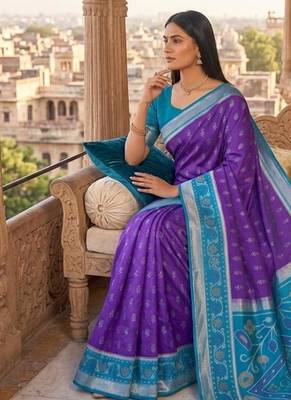 Purple blue color pochampally silk blend ikkat design zari border sarees 2