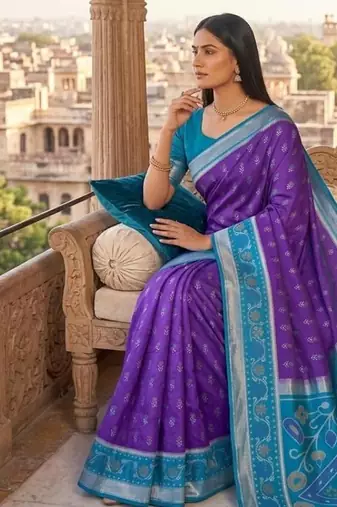 Purple blue color pochampally silk blend ikkat design zari border sarees