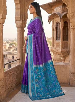 Purple blue color pochampally silk blend ikkat design zari border sarees 3