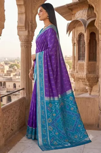 Purple blue color pochampally silk blend ikkat design zari border sarees