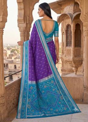 Purple blue color pochampally silk blend ikkat design zari border sarees 4