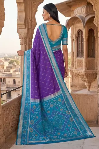 Purple blue color pochampally silk blend ikkat design zari border sarees