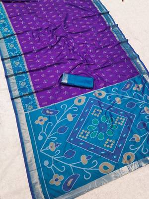 Purple blue color pochampally silk blend ikkat design zari border sarees 5