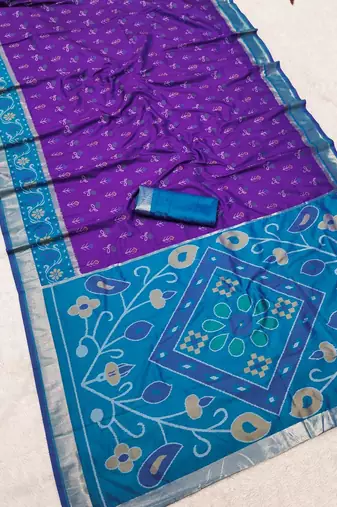 Purple blue color pochampally silk blend ikkat design zari border sarees