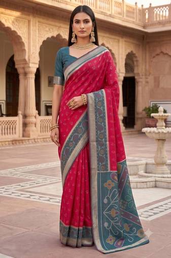 Rani pink color pochampally silk blend ikkat design zari border sarees