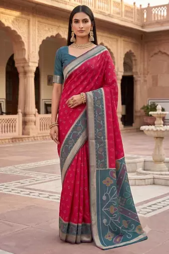 Rani pink color pochampally silk blend ikkat design zari border sarees