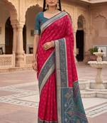 Rani pink color pochampally silk blend ikkat design zari border sarees