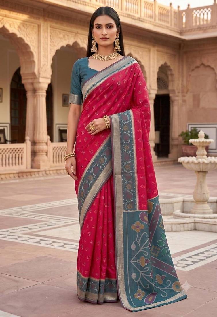 Rani pink color pochampally silk blend ikkat design zari border sarees