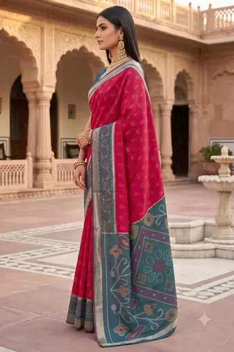 Rani pink color pochampally silk blend ikkat design zari border sarees