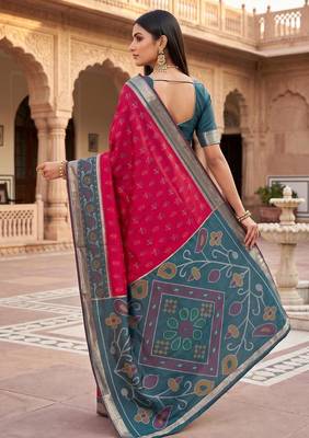 Rani pink color pochampally silk blend ikkat design zari border sarees 3