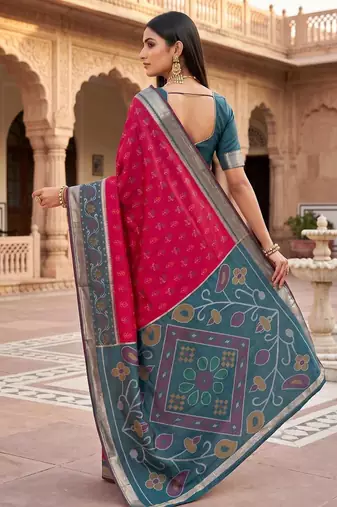 Rani pink color pochampally silk blend ikkat design zari border sarees