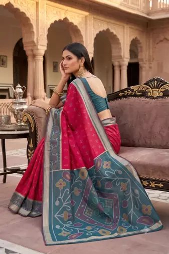 Rani pink color pochampally silk blend ikkat design zari border sarees