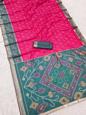 Rani pink color pochampally silk blend ikkat design zari border sarees 5