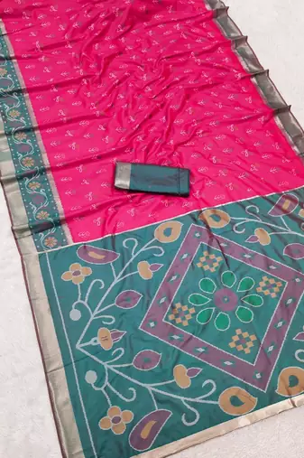 Rani pink color pochampally silk blend ikkat design zari border sarees