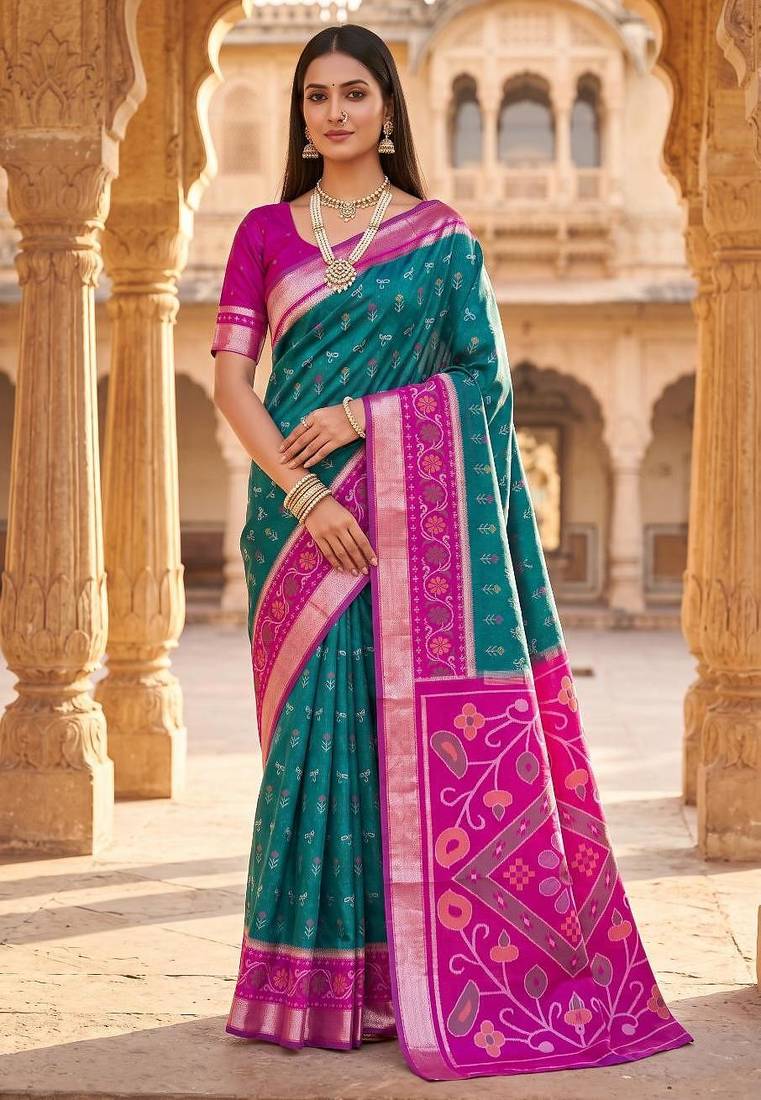 Sea green color pochampally silk blend ikkat design zari border sarees