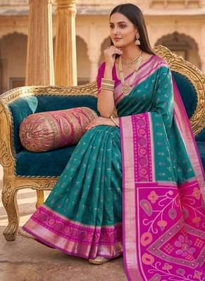 Sea green color pochampally silk blend ikkat design zari border sarees 2
