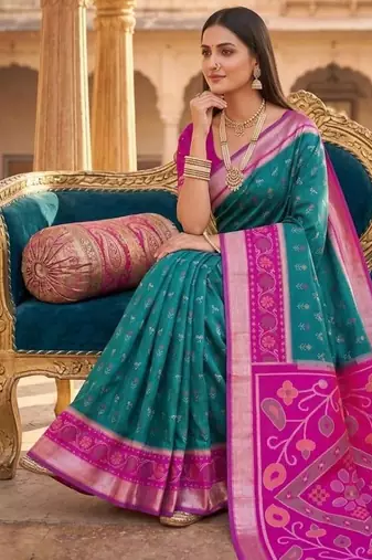 Sea green color pochampally silk blend ikkat design zari border sarees
