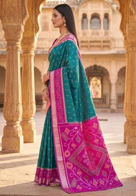 Sea green color pochampally silk blend ikkat design zari border sarees 3